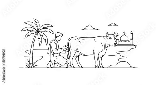 Man Kneeling Examining Cow Near Mosque Palm Tree