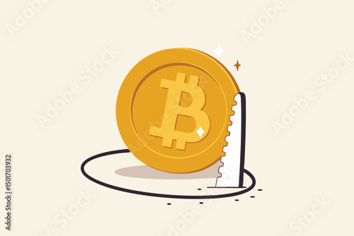 Cryptocurrency market drop, bitcoin collapse and crypto coin price crisis, trading trap or pitfall concept, thief sawing the floor to make bitcoin collapse falling down.