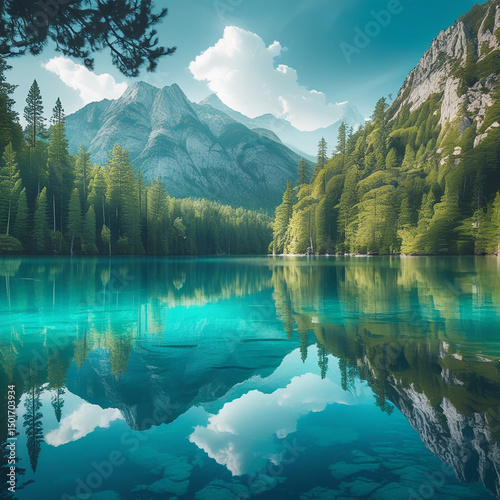 Stunning mountain lake landscape with vibrant turquoise water and reflecting mountain peaks in scenic view