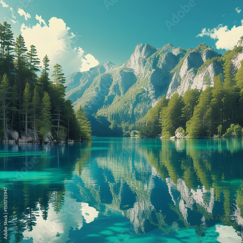 Stunning landscape depicting a tranquil turquoise lake surrounded by mountain peaks