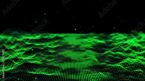 Abstract futuristic wave with moving dots. Flow of colored particles and lines. Cyber technology background. Big data visualization