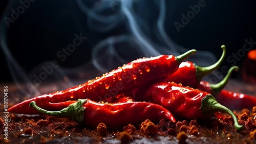 Fresh Red Chili Peppers with Water Droplets and Spice Particles in Dramatic Lighting