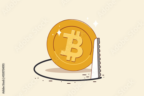 Cryptocurrency market drop, bitcoin collapse and crypto coin price crisis, trading trap or pitfall concept, thief sawing the floor to make bitcoin collapse falling down.