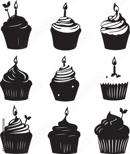 Black and White Cupcake Vector Illustration: Collection of Birthday Cupcakes with Candles, Graphic Silhouette Style for Party Invitations and Designs