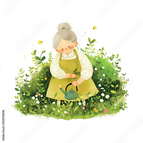 Elderly woman watering plants in a lush garden filled with green foliage and blooming flowers during a sunny day