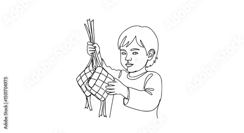 Young Boy Carefully Holding Traditional Ketupat photo