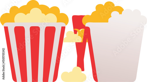 Two Cartoon Popcorn Buckets with Scattered Kernels Movie Night Essentials