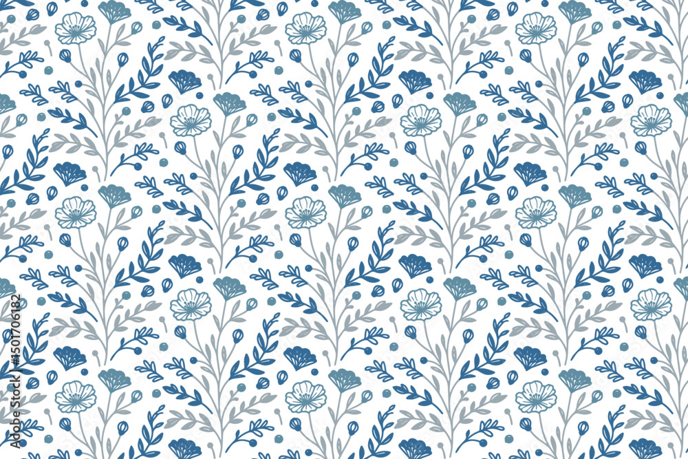 Fototapeta seamless floral textile with blue lines, cotton flower sketch pattern, repeat fabric print design, home and kitchen textile art

