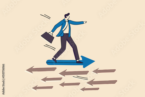 Contrary investment, be different in opposite direction concept, businessman riding arrow in different direction or other people or mainstream.