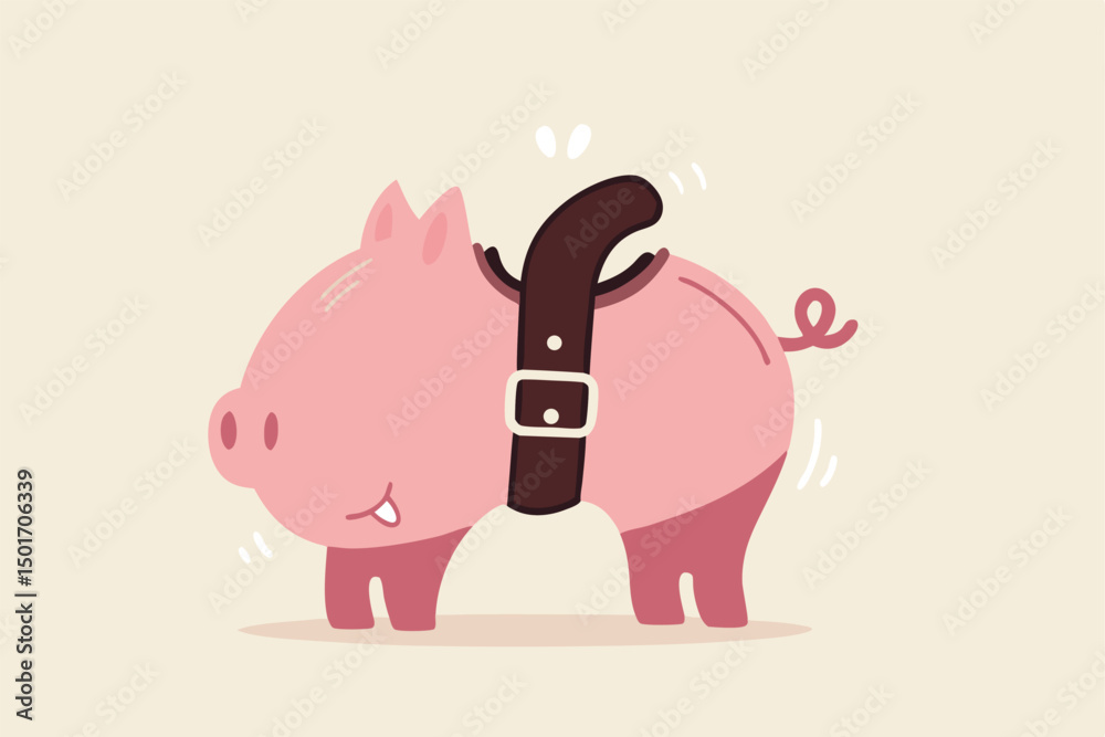 Naklejka premium Tighten belt to reduce budget or spending, financial crisis or economic slow down, keep cost and expense low to survive, pink piggybank tighten belt on his belly metaphor of saving cost.