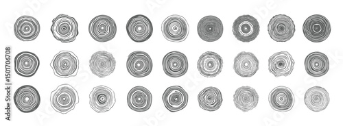 Set of wooden annual rings textures. Black and white tree ring patterns.