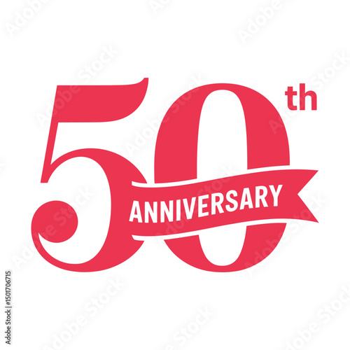 50th anniversary celebration design with bold red typography and ribbon banner on white background.