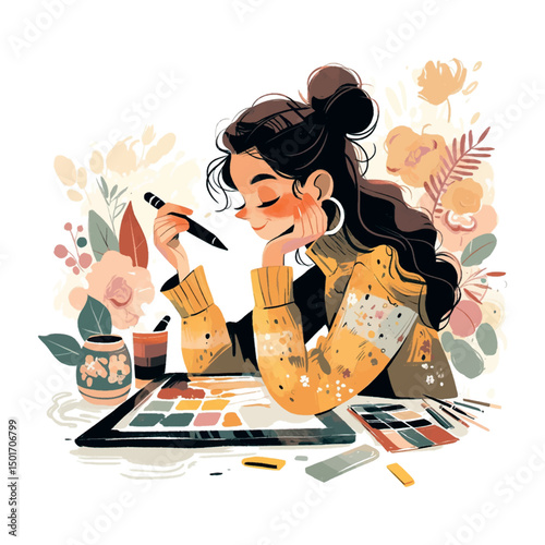 Creative artist working on a colorful illustration at a bright and cheerful workspace surrounded by nature-inspired decor
