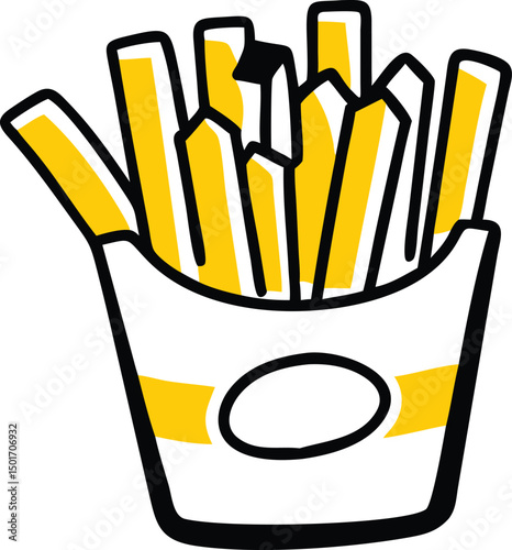 Crispy golden french fries in a classic takeaway carton, a popular fast food snack representing delicious fried potato goodness and casual dining