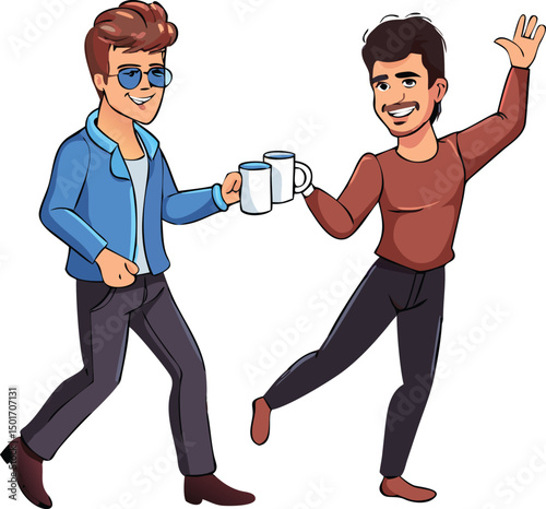Cheerful Young Men Celebrating Success with a Friendly Toast, Holding Mugs in a Vibrant Cartoon Illustration of Friendship and Joy