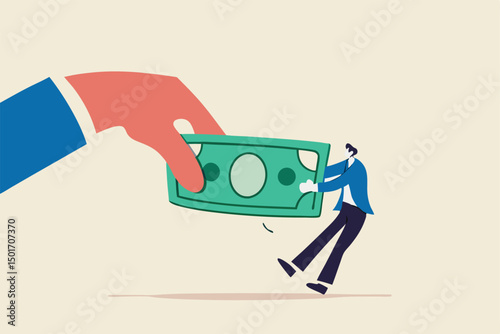 Fight for money, government asking for tax payment, company revenue market share, financial problem, pay off debt or bills concept, big hand pulling money banknote tug of war with small businessman.