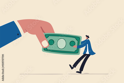 Fight for money, government asking for tax payment, company revenue market share, financial problem, pay off debt or bills concept, big hand pulling money banknote tug of war with small businessman.