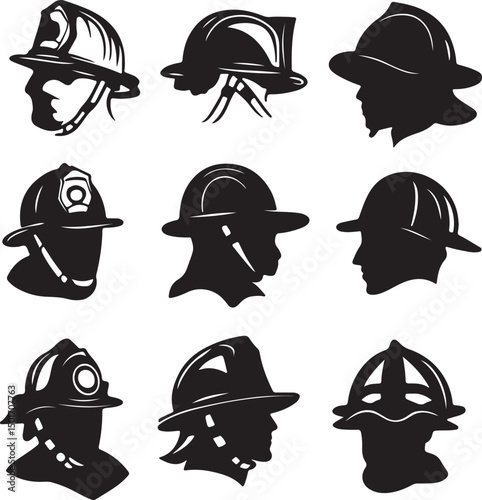 Firefighter Helmet Silhouette Vector Set: Black and White Clip Art Illustration of Fireman Head Protection Gear for Emergency Services
