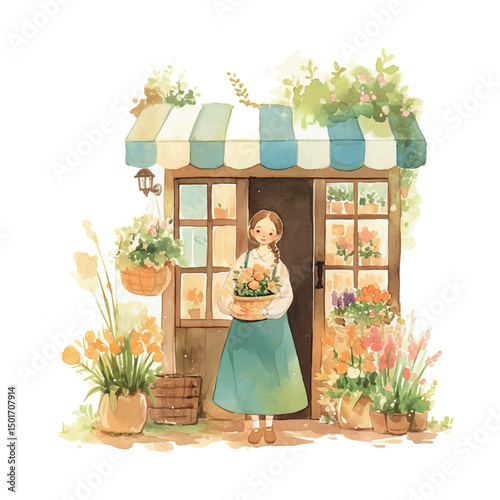 Beautiful flower shop with a young woman holding potted plants in a quaint neighborhood setting