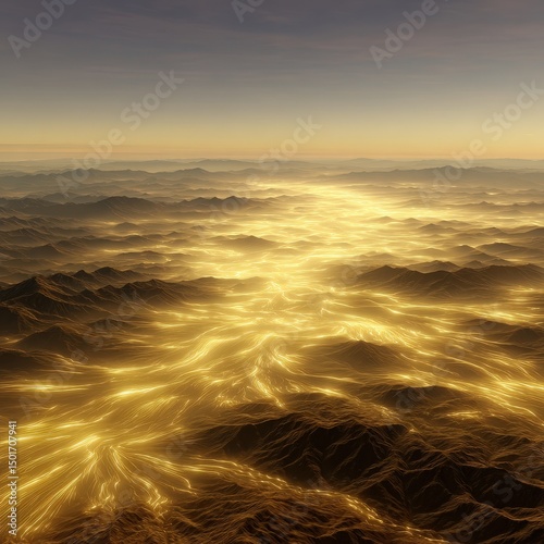 A mesmerizing aerial view reveals radiant golden rivers flowing amidst rugged mountains under a soft, ethereal glow, showcasing a landscape of celestial beauty.