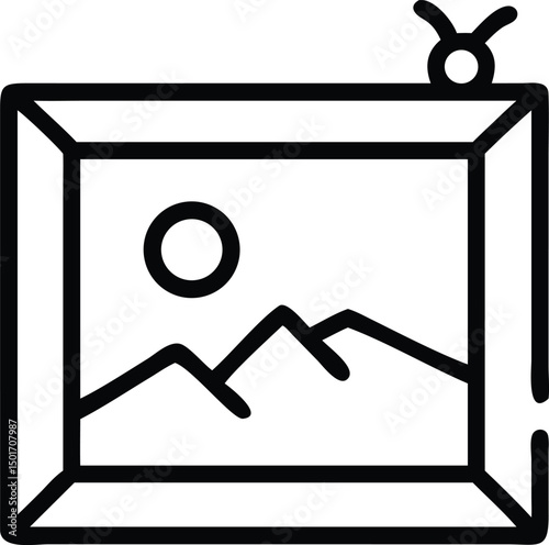 Retro television line icon with a mountain landscape on screen representing broadcast media and entertainment