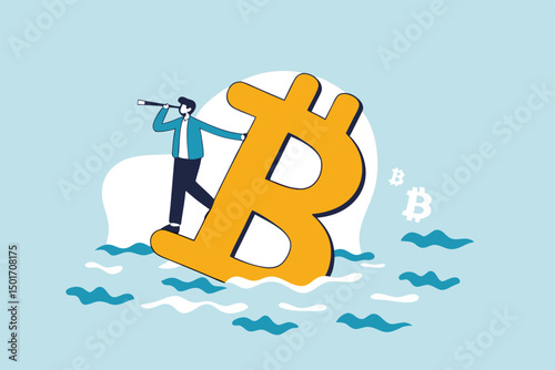 Bitcoin price down, future of crypto currency price or vision to see cryptocurrency market concept, businessman investor standing on drowning bitcoin symbol using telescope to see future.