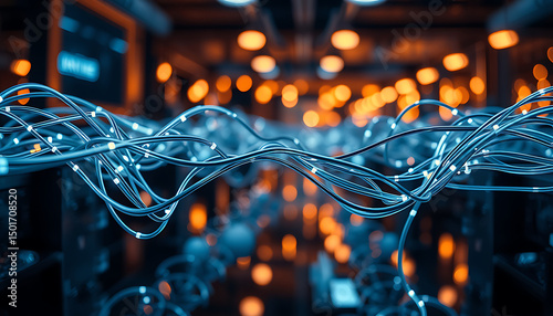 Abstract technology background with festive blue and gold lights, AI