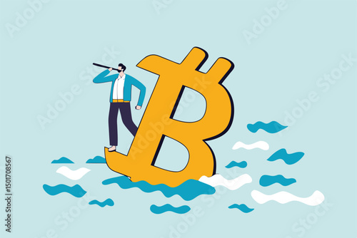 Bitcoin price down, future of crypto currency price or vision to see cryptocurrency market concept, businessman investor standing on drowning bitcoin symbol using telescope to see future.
