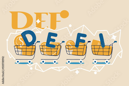 Decentralized finance, new technology using blockchain for banking, digital money or financial platform and application concept, shopping cart with alphabets DEFI on decentralized link dots pattern.