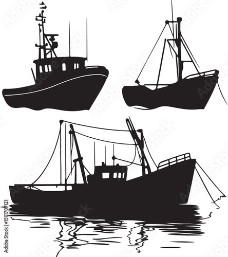 Fishing Boats Silhouette Vector Illustration: Commercial Fishing Vessels, Trawlers, and Boats Graphic Design Element for Nautical Themes