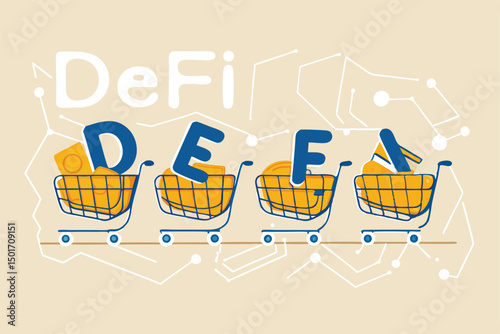 Decentralized finance, new technology using blockchain for banking, digital money or financial platform and application concept, shopping cart with alphabets DEFI on decentralized link dots pattern.