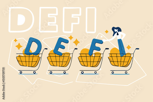 Decentralized finance, new technology using blockchain for banking, digital money or financial platform and application concept, shopping cart with alphabets DEFI on decentralized link dots pattern.