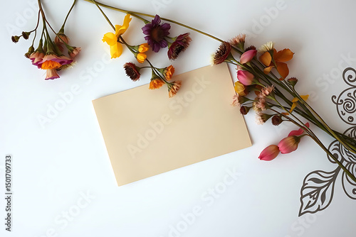 Flat lay of wild dried flowers and blank copy space paper