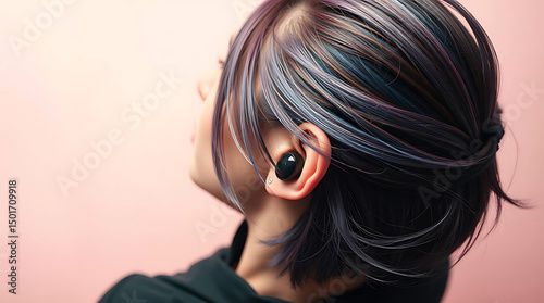 Gen Z Woman with multicolored hair and ear piercing listening to music