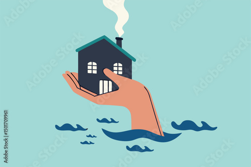 House insurance protection from disaster, safety and rescue from storm and flood, home care concept, big human hand helping house above flood water level protect from damage.