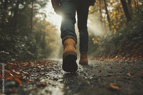 Embarking on an autumn adventure, a journey through a luminous forest path