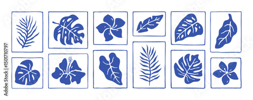 Summer tropical leaves and flower set