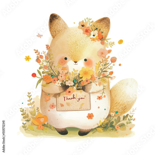 Cute fox character holding a bouquet of flowers and a thank you sign in a vibrant floral design