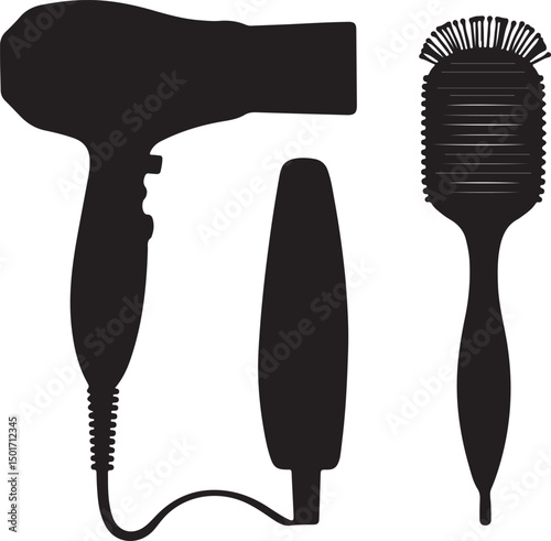 Silhouette of Hair Dryer, Diffuser Attachment, and Hair Brush: Black and White Beauty Tools Vector Illustration for Hair Styling