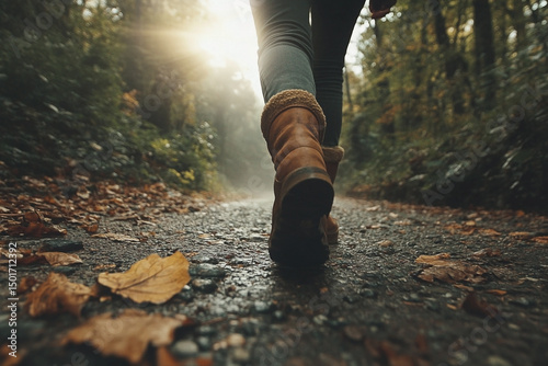 Autumnal exploration through woodland path illuminated by a golden sunbeam