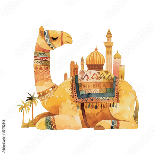 Colorful illustration of a resting camel with an Arabic cityscape in the background during daytime in a desert setting