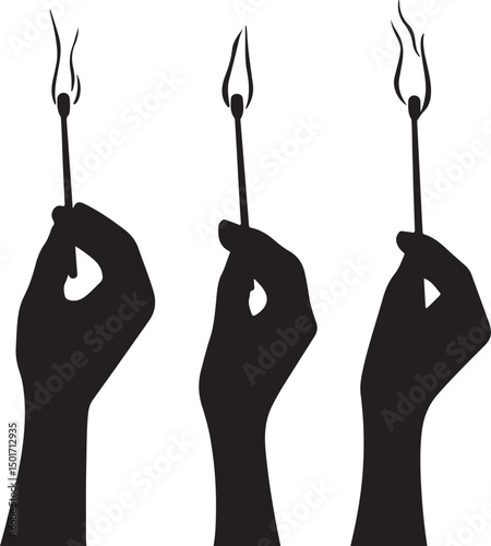 Hand Holding Burning Matchsticks Silhouette Vector Illustration: Fire, Light, Danger, Ignition, Striking, Black and White Graphic Art