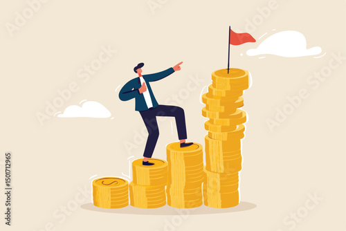 Financial goal, wealth management and investment plan to achieve target, income or salary growth concept, cheerful businessman step climbing money coin stack aiming to achieve target flag on top.