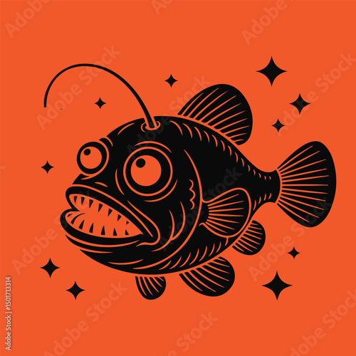 Cartoon Anglerfish with Glowing Lure on Orange Background