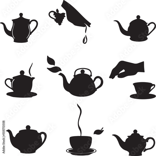 Black and White Silhouette Tea Time Clipart: Teapots, Cups, Hands, and Tea Leaves Vector Illustration for Graphic Design and Crafts