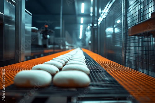 Automated bread production line in modern food factory featuring conveyer belt