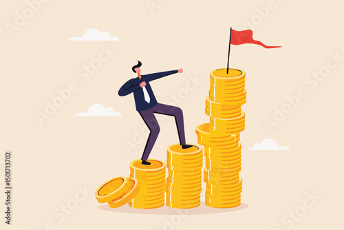 Financial goal, wealth management and investment plan to achieve target, income or salary growth concept, cheerful businessman step climbing money coin stack aiming to achieve target flag on top.