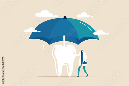 Dental insurance covering healthcare and medical cost, tooth protection or dental care concept, dentist standing with strong clean tooth with big umbrella cover or protect from storm above.