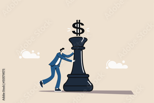 Investment strategy, financial planning or marketing and pricing strategy concept, businessman investor pushing chess king with dollar money sign on top to earn profit.