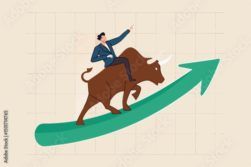 Stock market bull market, financial asset value and price rising up, investor and trader gain more profit concept, confident businessman investor riding bull running on rising up upward green graph.